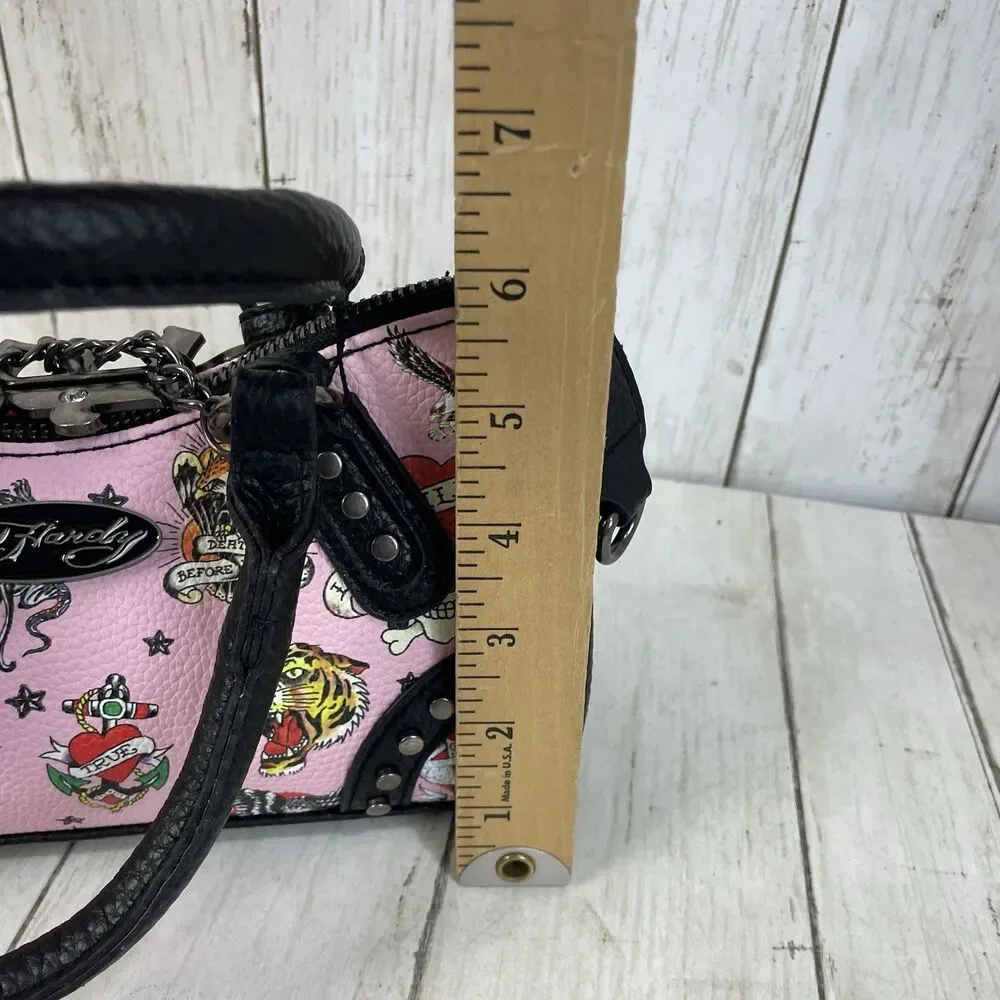 Ed Hardy Pink/Black Skull Tattoo Satchel Purse Studded Embroidered Zip Charm NWT
